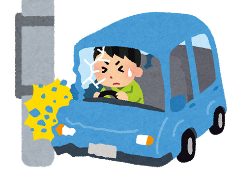 スリップして電柱にぶつかって自損事故をおこしたイラスト